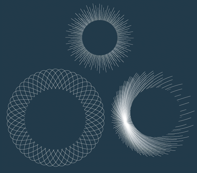 Abstract geometric patterns on a dark blue background.