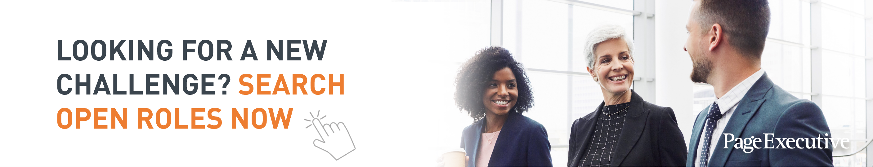  three colleagues smiling next to the title 'Looking for a new challenge? search open roles now'
