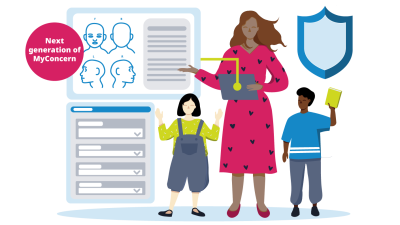 Safeguarding lead holding a tablet with the MyConcern interface next to it
