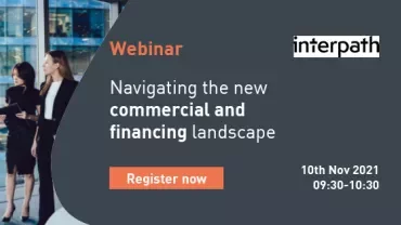 Webinar invitation on commercial and financing landscape with people in an office.