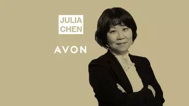 Person standing with arms crossed, text reads 'Julia Chen' and 'Avon'.