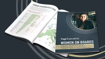 Open magazine showing a chart and a report titled 'Women on Boards' with a smiling person on the cover.