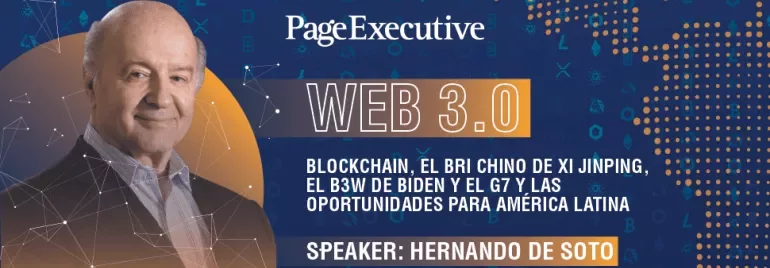 Web 3.0 event featuring discussion on blockchain and global opportunities, with speaker Hernando de Soto.